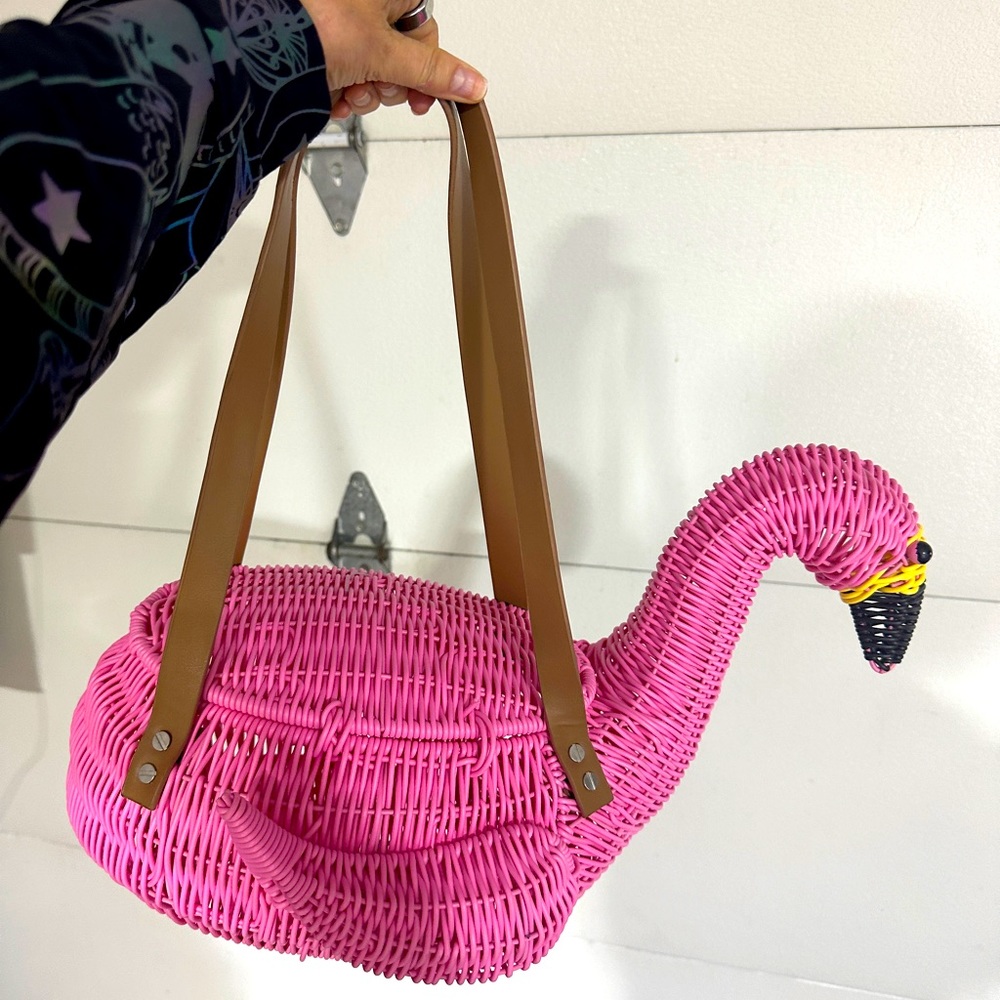 Pink flamingo wicker purse